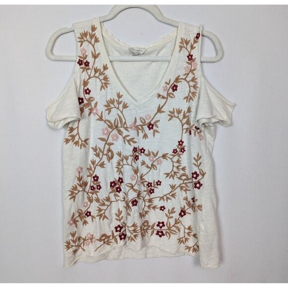 Lucky Brand S Floral Embroidered Tee Shirt Top Cut Off Open Sleeves Boho Hippie - Picture 1 of 10